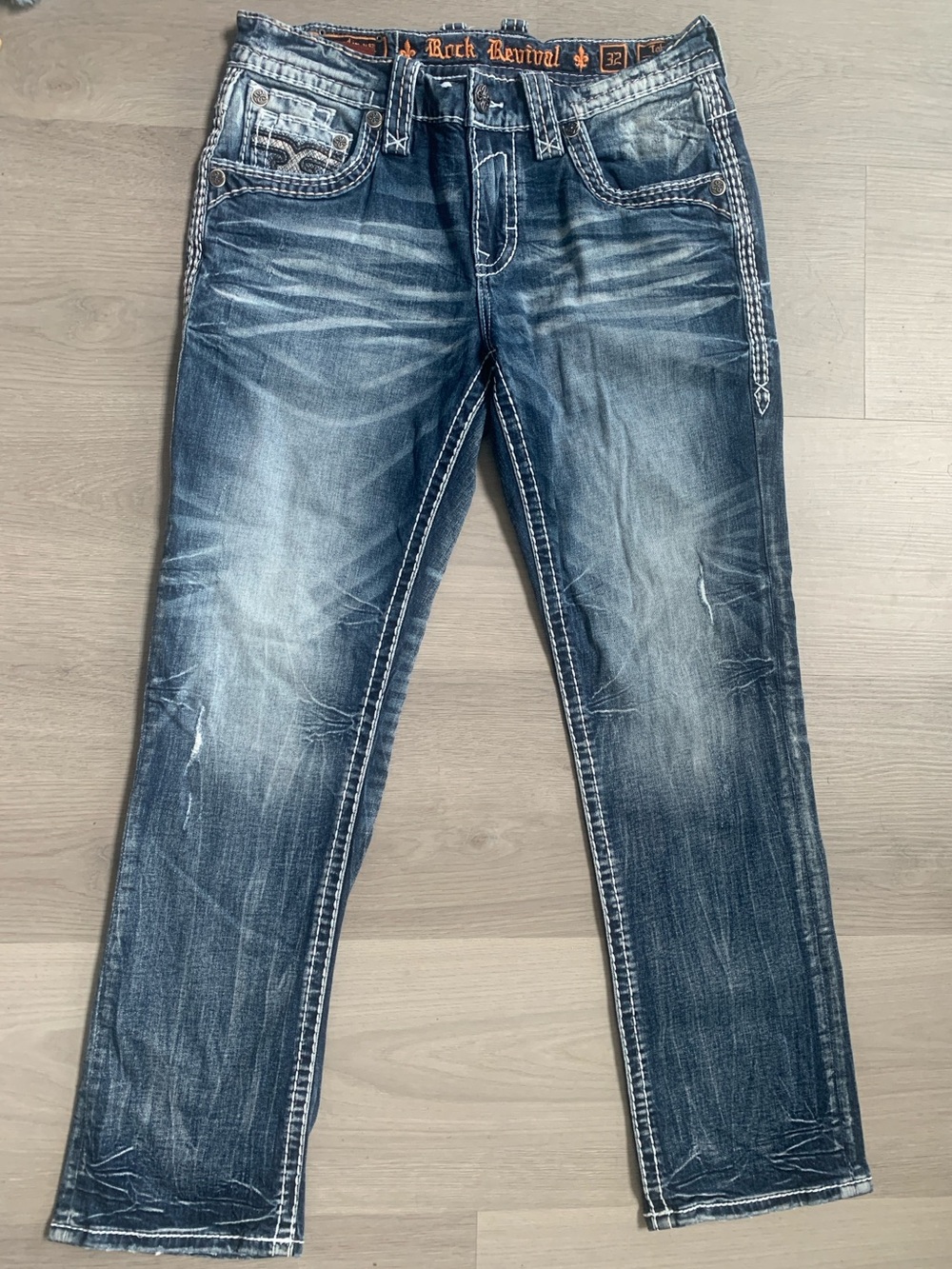 Rock Revival Toby Straight Distressed Snake Skin Printed Blue Jeans 32W/32L - Picture 4 of 13